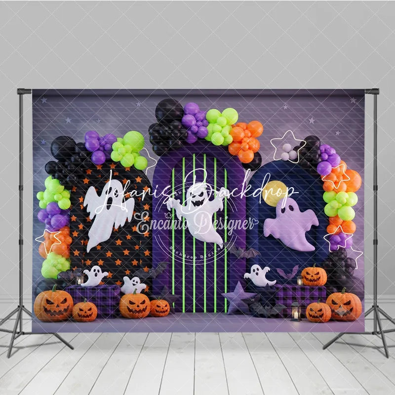 Lofaris Festive Halloween Photography Backdrop featuring Spooky Ghosts Jack-o’-Lanterns and Colorful Balloon Arches