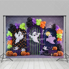 Lofaris Festive Halloween Photography Backdrop featuring Spooky Ghosts Jack-o’-Lanterns and Colorful Balloon Arches