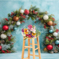 Lofaris Festive Pine Garland Arch Backdrop Colorful Ornament Blue Wall Photography Background