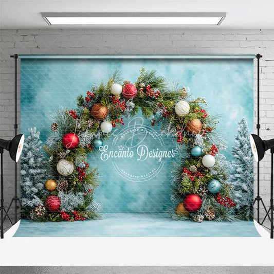 Lofaris Festive Pine Garland Arch Backdrop Colorful Ornament Blue Wall Photography Background