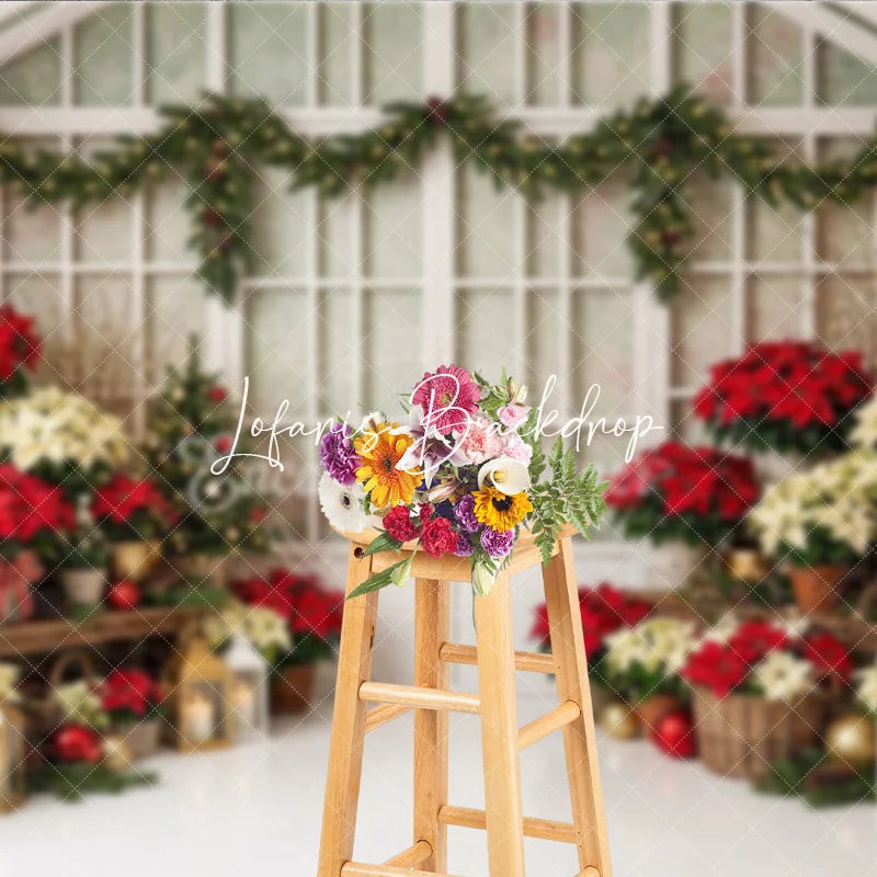 Lofaris Festive Red and Cream Poinsettia Christmas Tree Holiday Backdrop Elegant Winter Greenhouse Decor