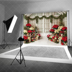 Lofaris Festive Red and Cream Poinsettia Christmas Tree Holiday Backdrop Elegant Winter Greenhouse Decor