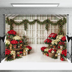 Lofaris Festive Red and Cream Poinsettia Christmas Tree Holiday Backdrop Elegant Winter Greenhouse Decor