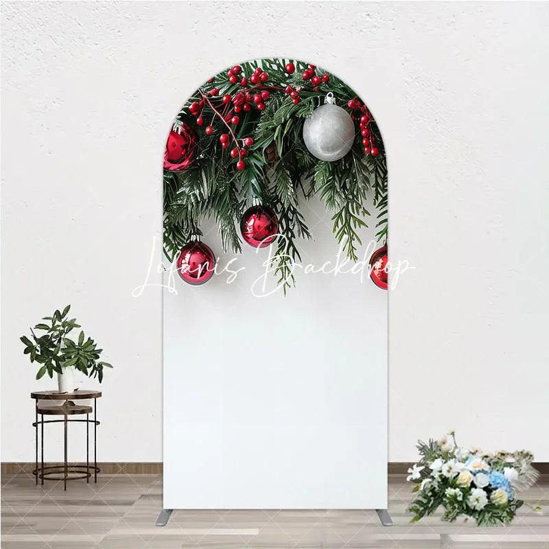 Lofaris Festive Red and Green Christmas Garland Round Top Arch Backdrop with Berries Ornaments Holiday Decor