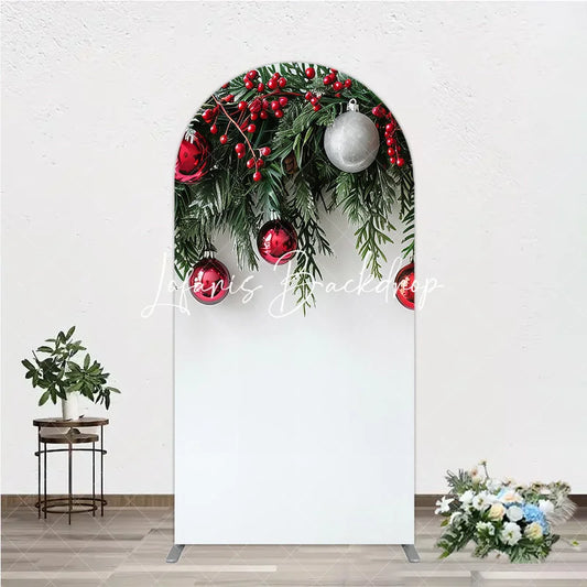 Lofaris Festive Red and Green Christmas Garland Round Top Arch Backdrop with Berries Ornaments Holiday Decor