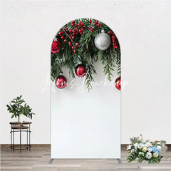 Lofaris Festive Red and Green Christmas Garland Round Top Arch Backdrop with Berries Ornaments Holiday Decor