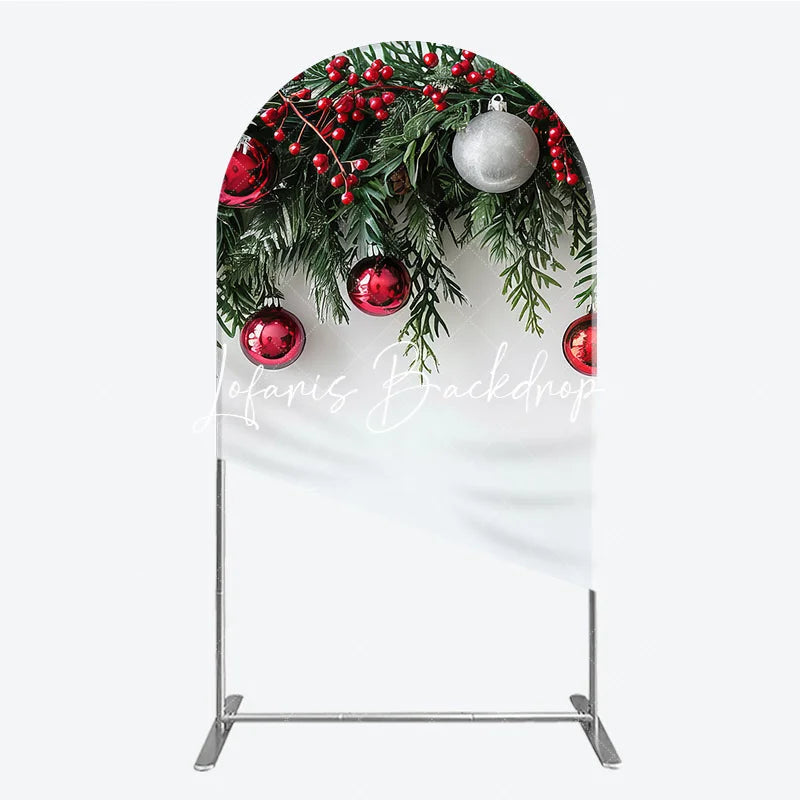 Lofaris Festive Red and Green Christmas Garland Round Top Arch Backdrop with Berries Ornaments Holiday Decor