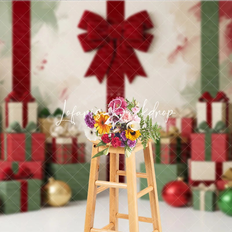 Lofaris Festive Red and Green Christmas Trees Gifts Holiday Backdrop Elegant Bows Ornaments Decor