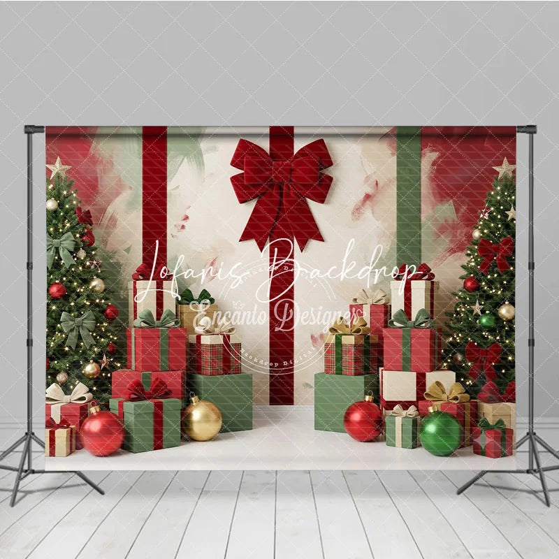 Lofaris Festive Red and Green Christmas Trees Gifts Holiday Backdrop Elegant Bows Ornaments Decor