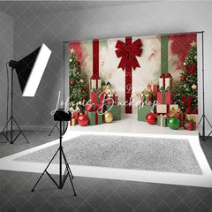 Lofaris Festive Red and Green Christmas Trees Gifts Holiday Backdrop Elegant Bows Ornaments Decor