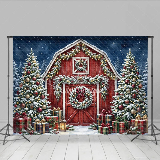 Lofaris Festive Red Barn and Snowy Christmas Trees Holiday Backdrop with Plaid Gifts Winter Wonderland Decor