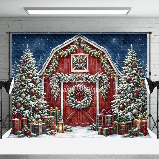 Lofaris Festive Red Barn and Snowy Christmas Trees Holiday Backdrop with Plaid Gifts Winter Wonderland Decor