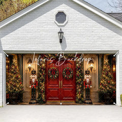 Lofaris Festive Red Door Christmas Nutcracker Garage Banner Elegant Holiday Wreaths Decoration