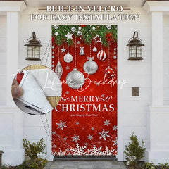 Lofaris Festive Red Merry Christmas and Happy New Year Door Cover with Green Pine Branches Ornaments Snowflakes Decor