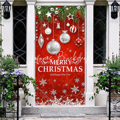 Lofaris Festive Red Merry Christmas and Happy New Year Door Cover with Green Pine Branches Ornaments Snowflakes Decor