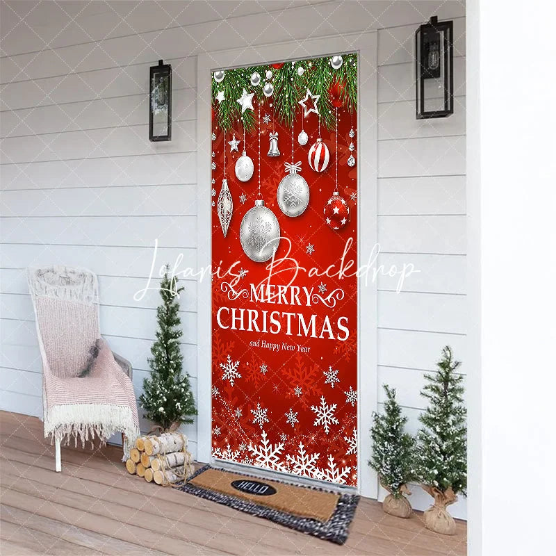 Lofaris Festive Red Merry Christmas and Happy New Year Door Cover with Green Pine Branches Ornaments Snowflakes Decor