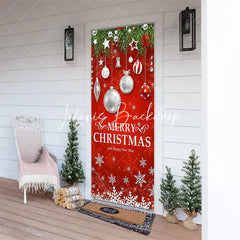 Lofaris Festive Red Merry Christmas and Happy New Year Door Cover with Green Pine Branches Ornaments Snowflakes Decor