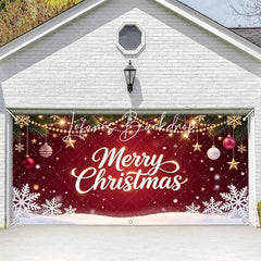 Lofaris Festive Red Merry Christmas Pine Branches Garage Door Banner with Golden Lights Ornaments and Snowflakes Holiday Decor