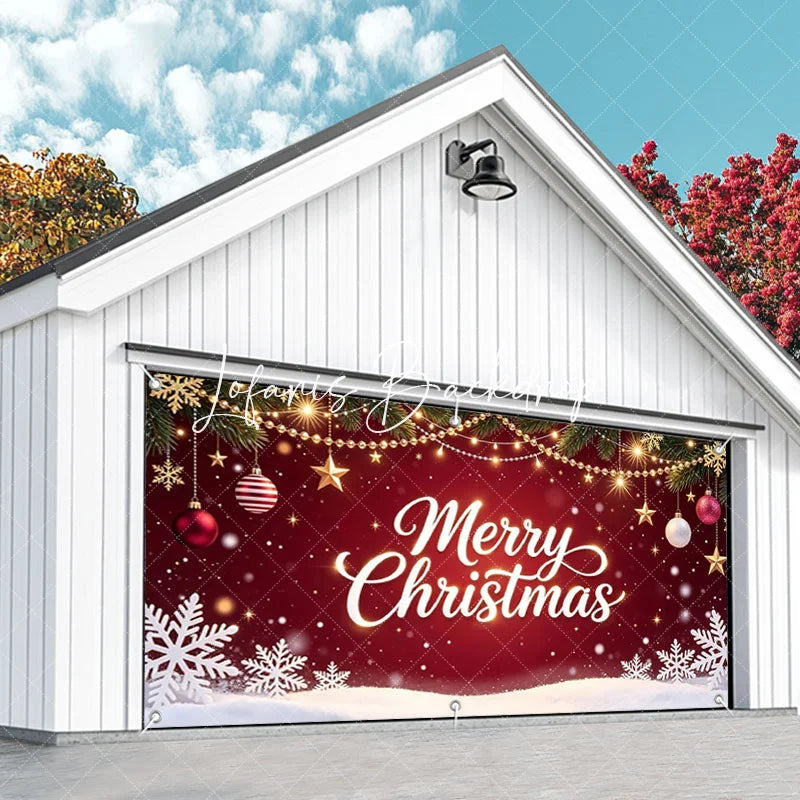 Lofaris Festive Red Merry Christmas Pine Branches Garage Door Banner with Golden Lights Ornaments and Snowflakes Holiday Decor
