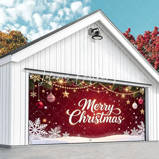 Lofaris Festive Red Merry Christmas Pine Branches Garage Door Banner with Golden Lights Ornaments and Snowflakes Holiday Decor