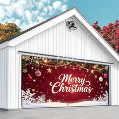 Lofaris Festive Red Merry Christmas Pine Branches Garage Door Banner with Golden Lights Ornaments and Snowflakes Holiday Decor