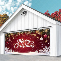 Lofaris Festive Red Merry Christmas Pine Branches Garage Door Banner with Golden Lights Ornaments and Snowflakes Holiday Decor