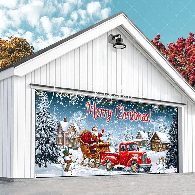Lofaris Festive Red Truck with Santa Claus and Sleigh Winter Village Garage Door Banner Merry Christmas Holiday Decor