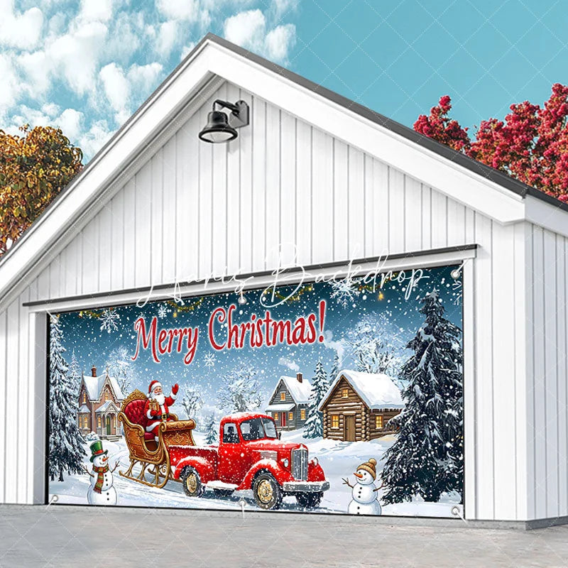 Lofaris Festive Red Truck with Santa Claus and Sleigh Winter Village Garage Door Banner Merry Christmas Holiday Decor