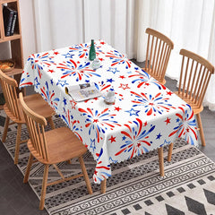 Lofaris Festive Red White and Blue Fireworks Stars Rectangle Tablecloth Patriotic July 4th Celebration Party Decor