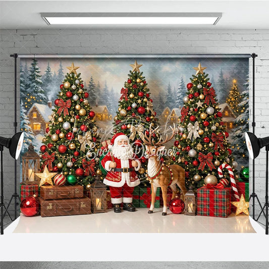 Lofaris Festive Santa Claus and Reindeer Christmas Holiday Backdrop Decorated Trees Snowy Village Gifts Lanterns