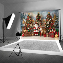 Lofaris Festive Santa Claus and Reindeer Christmas Holiday Backdrop Decorated Trees Snowy Village Gifts Lanterns