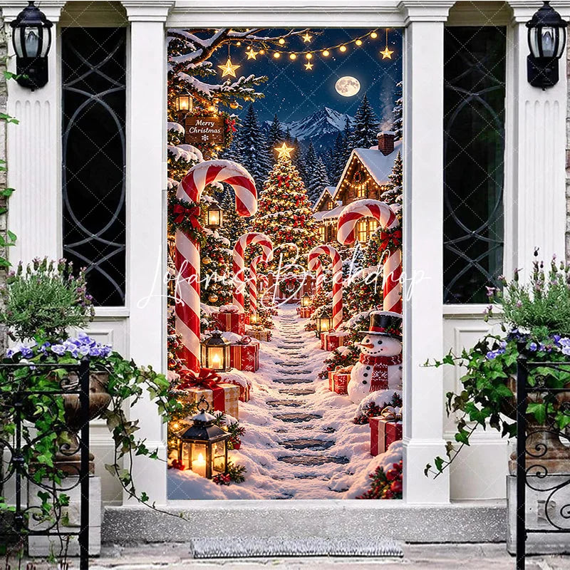 Lofaris Festive Snowy Christmas Village Door Cover with Candy Canes Gifts and Snowman Winter Wonderland Holiday Decor