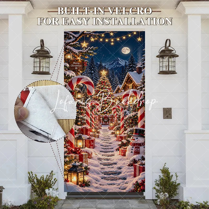 Lofaris Festive Snowy Christmas Village Door Cover with Candy Canes Gifts and Snowman Winter Wonderland Holiday Decor