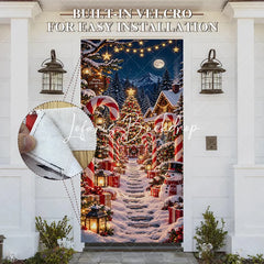 Lofaris Festive Snowy Christmas Village Door Cover with Candy Canes Gifts and Snowman Winter Wonderland Holiday Decor