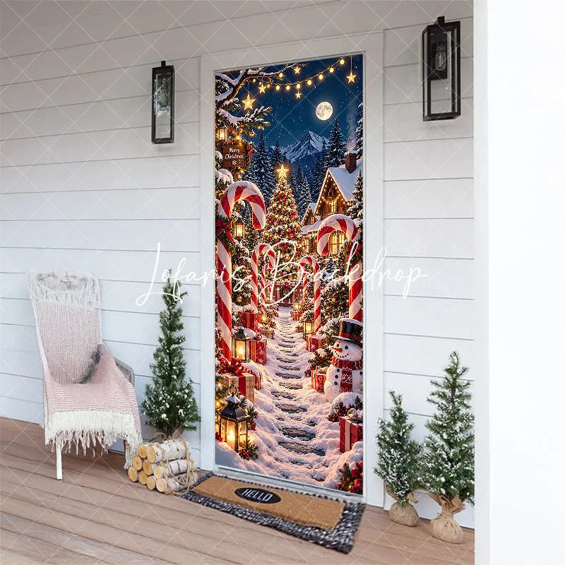 Lofaris Festive Snowy Christmas Village Door Cover with Candy Canes Gifts and Snowman Winter Wonderland Holiday Decor