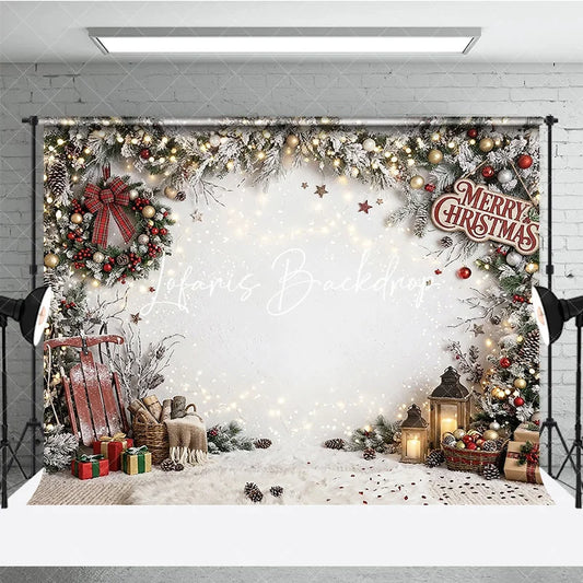 Lofaris Festive Snowy Pine Garland Christmas Holiday Backdrop with Warm String Lights Red Berries and Cozy Winter Gifts
