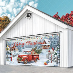 Lofaris Festive Snowy Village Red Truck Christmas Tree Garage Door Banner Merry Holiday Outdoor Decor