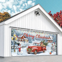 Lofaris Festive Snowy Village Red Truck Christmas Tree Garage Door Banner Merry Holiday Outdoor Decor