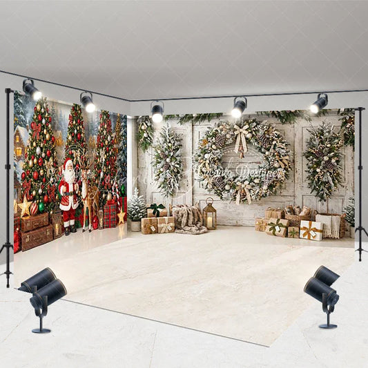 Lofaris Festive Snowy Winter Forest and Rustic Christmas Wreath Room Set Backdrop Santa Claus Holiday Decor