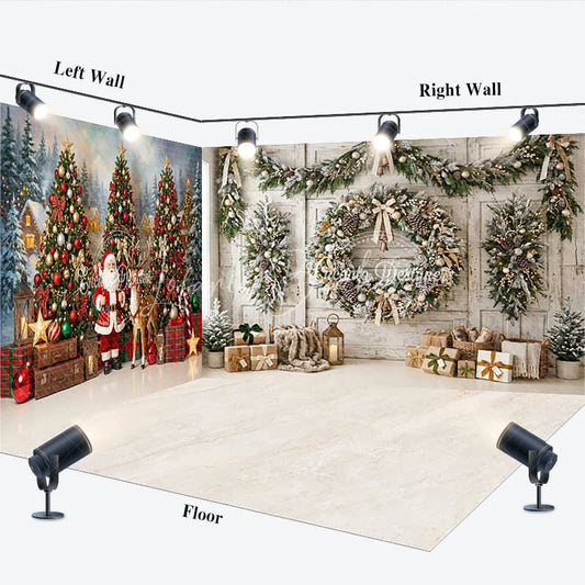 Lofaris Festive Snowy Winter Forest and Rustic Christmas Wreath Room Set Backdrop Santa Claus Holiday Decor