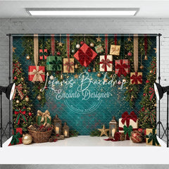Lofaris Festive Teal Christmas Tree and Gift Boxes Holiday Backdrop with Sparkling Lights Elegant Winter Party Decor