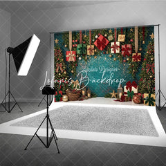 Lofaris Festive Teal Christmas Tree and Gift Boxes Holiday Backdrop with Sparkling Lights Elegant Winter Party Decor