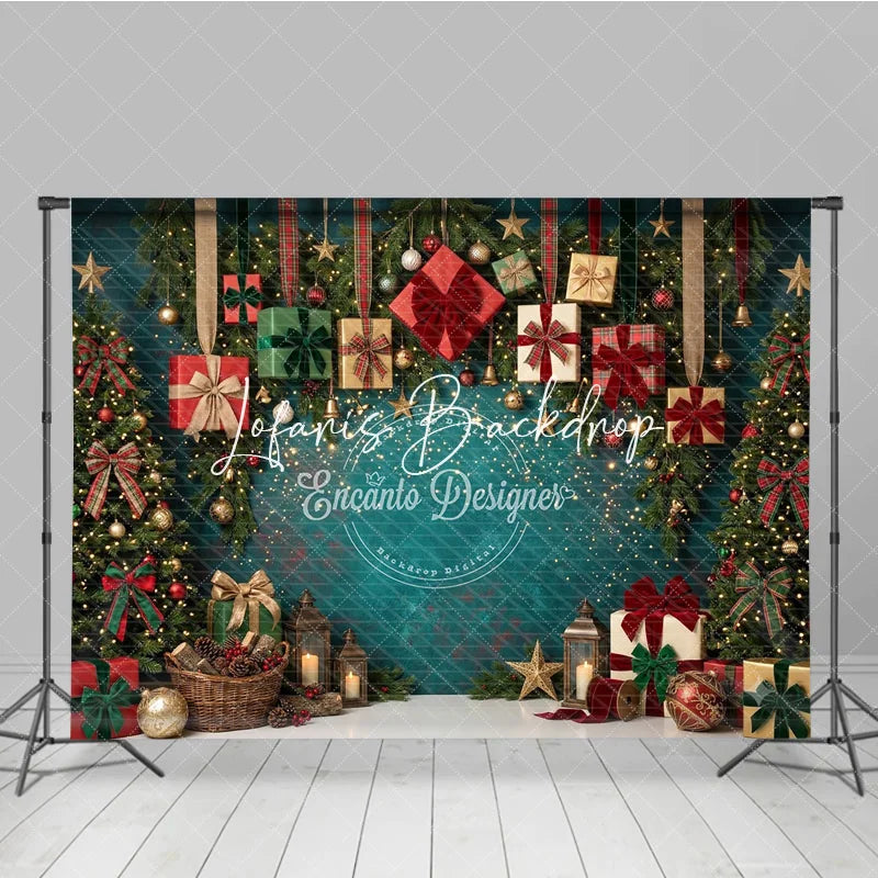 Lofaris Festive Teal Christmas Tree and Gift Boxes Holiday Backdrop with Sparkling Lights Elegant Winter Party Decor