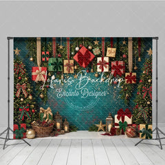 Lofaris Festive Teal Christmas Tree and Gift Boxes Holiday Backdrop with Sparkling Lights Elegant Winter Party Decor