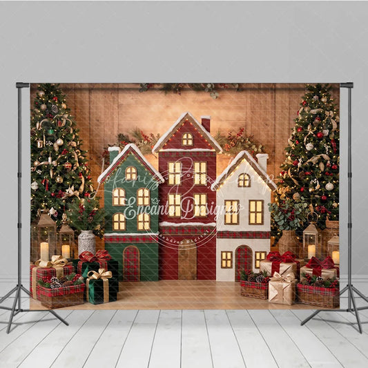 Lofaris Festive Village Houses and Decorated Christmas Trees Holiday Backdrop Cozy Winter Celebration Decor with Gifts
