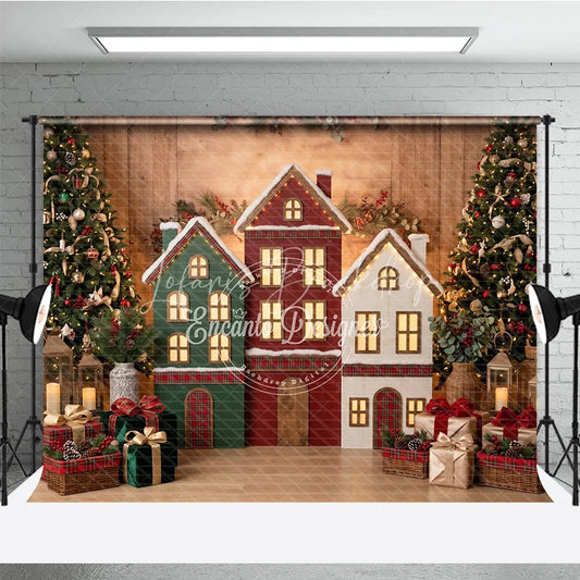 Lofaris Festive Village Houses and Decorated Christmas Trees Holiday Backdrop Cozy Winter Celebration Decor with Gifts