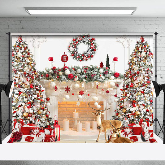 Lofaris Festive White Fireplace Wreath Christmas Backdrop
