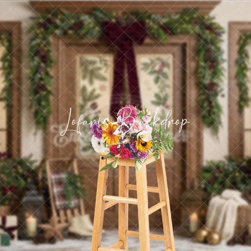 Lofaris Festive Winter Holiday Backdrop Decorated Wooden Door Christmas Garlands with Warm Lights Cozy Porch Decor