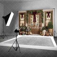 Lofaris Festive Winter Holiday Backdrop Decorated Wooden Door Christmas Garlands with Warm Lights Cozy Porch Decor