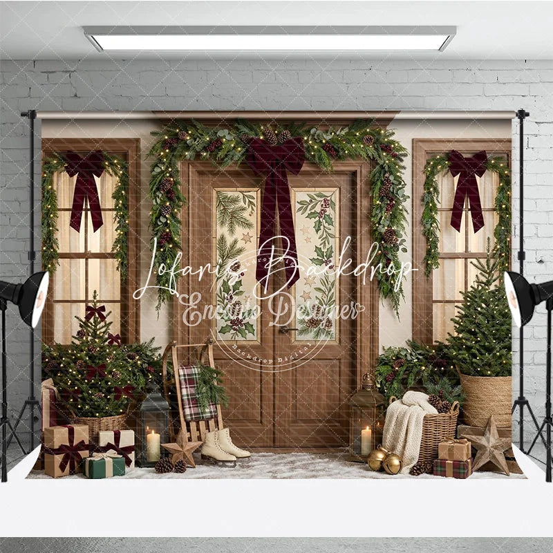 Lofaris Festive Winter Holiday Backdrop Decorated Wooden Door Christmas Garlands with Warm Lights Cozy Porch Decor